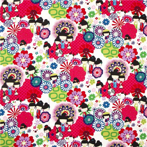 white Japanese Kokeshi doll fabric by Alexander Henry 2