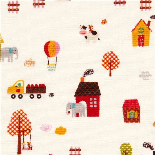 white Japanese animal fabric on the farm Fabric