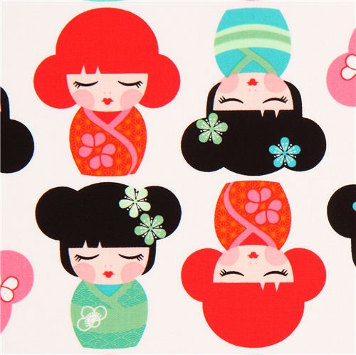 Tissu Robert Kaufman blanc avec des poupes Kokeshi Tissu