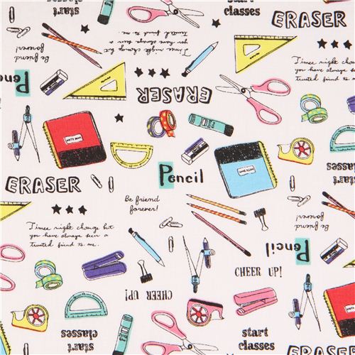white Kokka stationery school supplies fabric from Japan Fabric