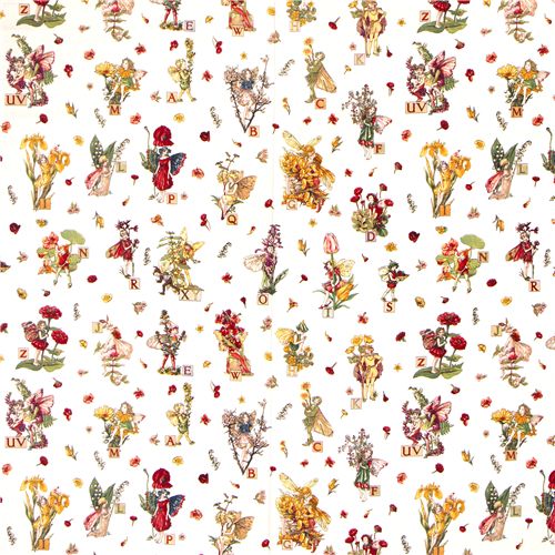 white Michael Miller fabric Alphabet Flower Fairies 2
