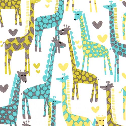 white Michael Miller fabric Giraffe Love heart turquoise 1