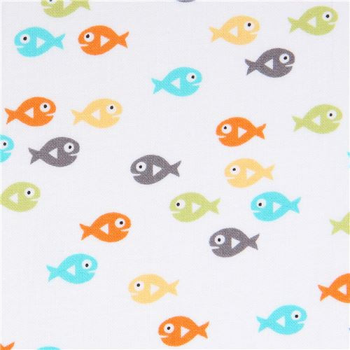white Michael Miller fabric colorful small fish Guppies Fabric