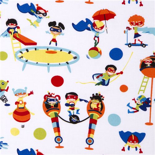 white Michael Miller fabric funny super heroes 1