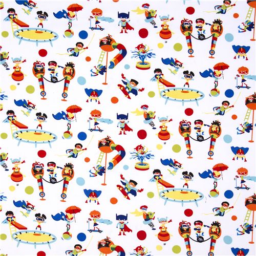 white Michael Miller fabric funny super heroes 2