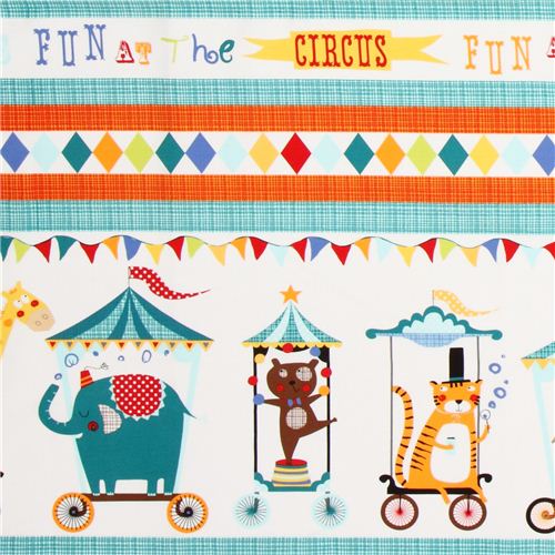 Tela blanca de Michael Miller con animales de circo y rayas Tela
