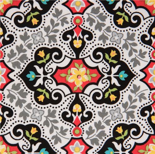 Tissu blanc Michael Miller à fleurs avec des ornements noirs Tissu