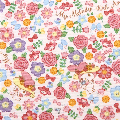 Tissu Oxford blanc avec le lapin My Melody, des roses, un jardin, par Sanrio