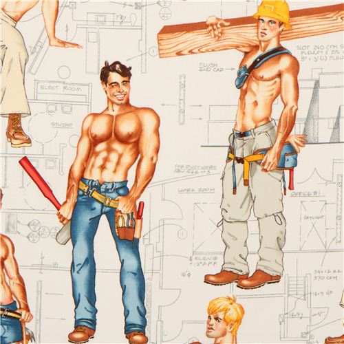 white Pin up construction worker fabric by Alexander Henry Fabric