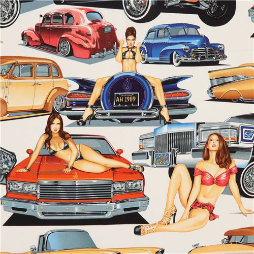 Tela chicas pin-up blancas y coches antiguos Alexander Henry Tela