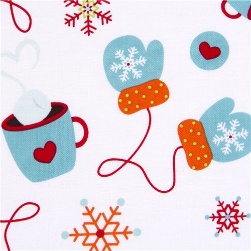 weisser Riley Blake Weihnachts-Stoff süsse Handschuhe 1