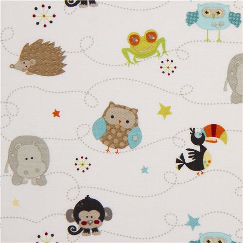 Tissu Riley Blake blanc avec des hiboux et des hérissons Tissu