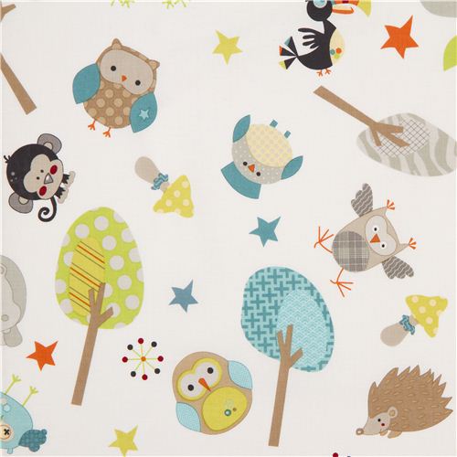white Riley Blake animal fabric owl hedgehog hippo monkey Fabric