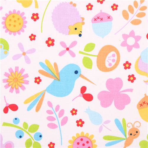 Tissu blanc Wildflower Meadow par Riley Blake avec des animaux de la fort Tissu