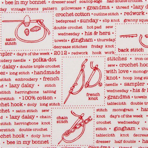 white Riley Blake fabric with embroidery techniques and text Fabric