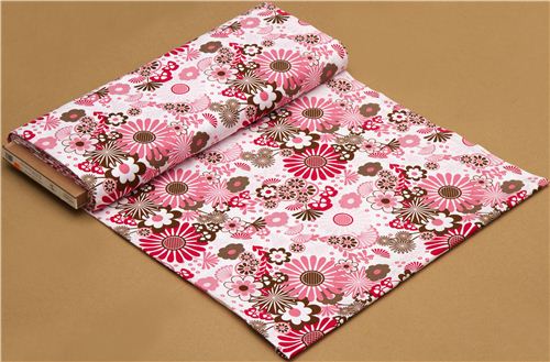 white Riley Blake fabric with pink & brown flowers 3