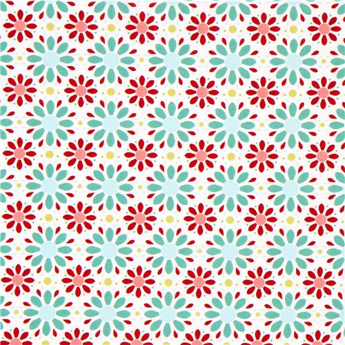 white Riley Blake fabric with red and turquoise flowers 2