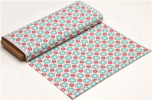 white Riley Blake fabric with red and turquoise flowers 3