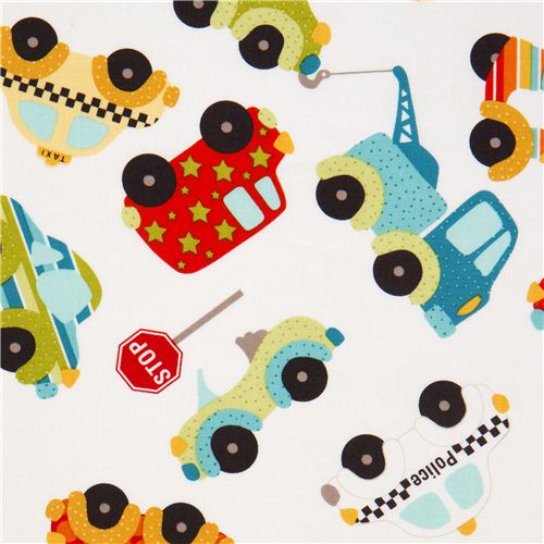 white Riley Blake flannel fabric with car stop sign 1