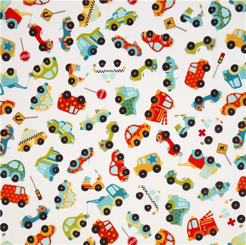 white Riley Blake flannel fabric with car stop sign 2