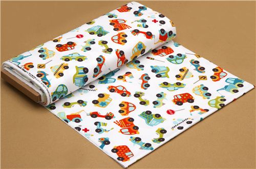 white Riley Blake flannel fabric with car stop sign 3