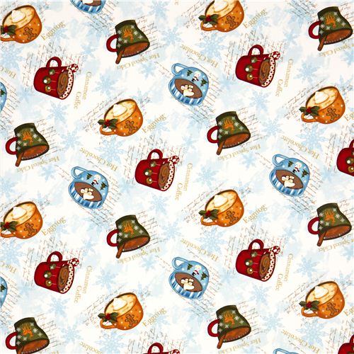 white Robert Kaufman Christmas fabric hot Christmas drinks 2