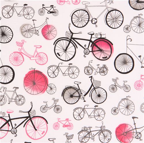 white Robert Kaufman black pink grey bicycle fabric Fabric