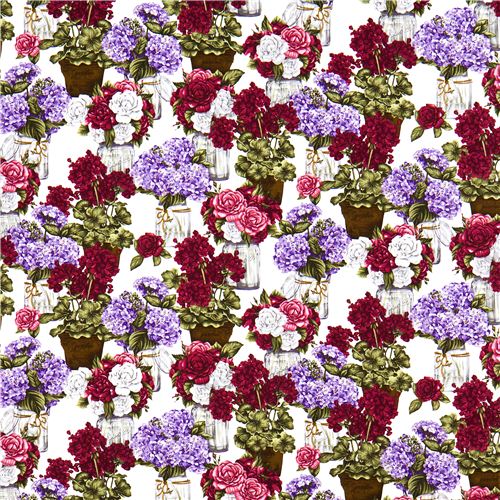 white Robert Kaufman fabric purple bouquet of flowers in vase 2