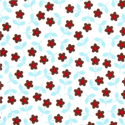 white Robert Kaufman organic fabric with brown and blue flowers 2