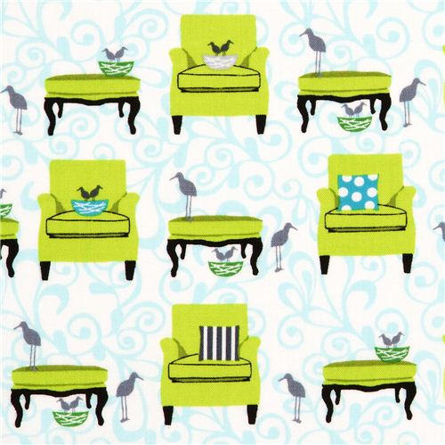 white Robert Kaufman fabric with green armchairs & birds Fabric