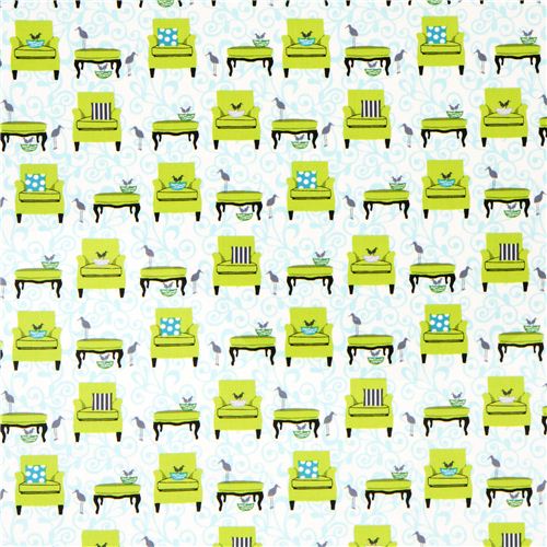 white Robert Kaufman fabric with green armchairs & birds 2