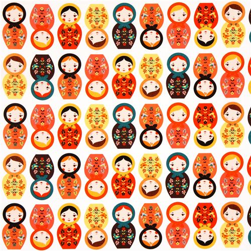white Robert Kaufman fabric with matryoshkas orange yellow 2