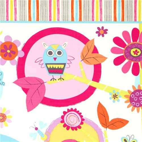white Robert Kaufman fabric with owl bird & flower 1
