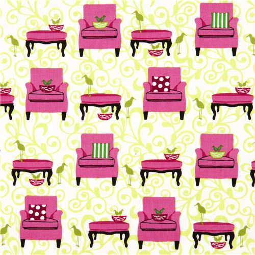 white Robert Kaufman fabric with pink armchairs & birds Fabric