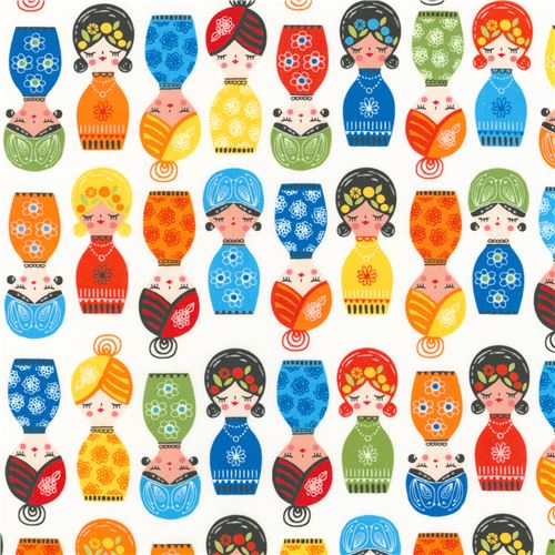 Tela blanca con mujeres traje de colores de Robert Kaufman Little Senoritas 2