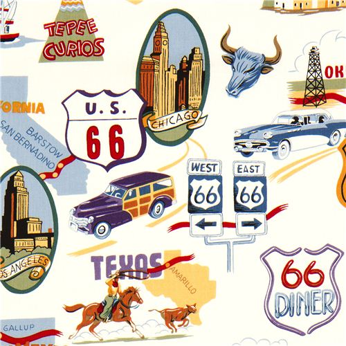 weißer Route 66 Stoff von Alexander Henry Auto USA Stoff