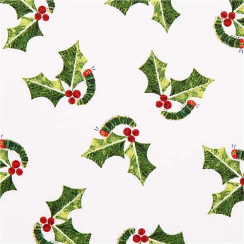 white The Very Hungry Caterpillar Christmas fabric Andover USA Fabric