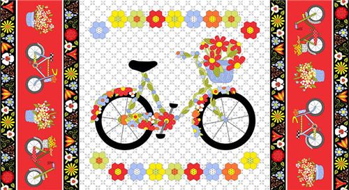 Tela blanca bicicleta flor colores doble borde floral de Henry Glass Tela