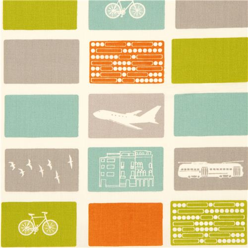 Tissu bio Birch blanc avec avions, vélos et tram Tissu