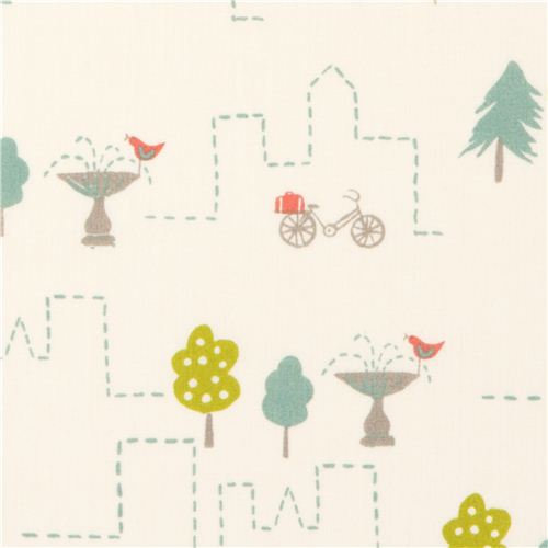 tessuto bianco bio birch con città case alberi fontane Tessuto