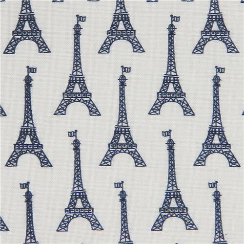 white blue fabric with navy blue Eiffel Tower pattern by Michael Miller Fabric