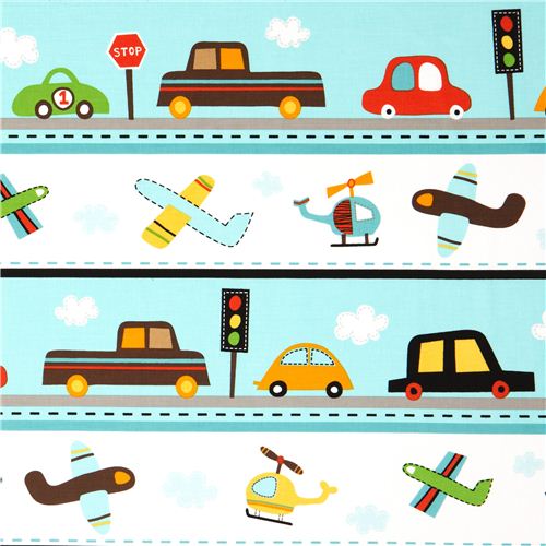 white car and airplane fabric for boys par Robert Kaufman 1