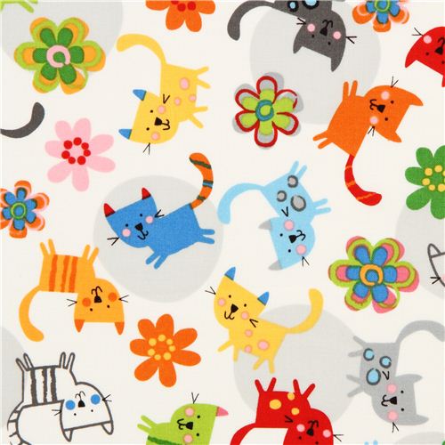 weißer Katzen und Blumen Stoff von Robert Kaufman Stoff