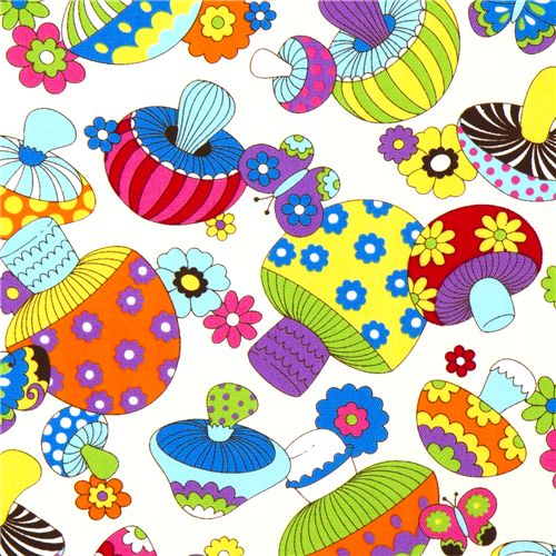 weisser bunte Pilze Stoff mit Schmetterlinge Blumen 1