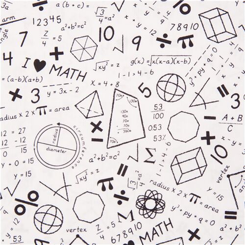 white cotton fabric Michael Miller shapes polygon and math equations in black Fabric