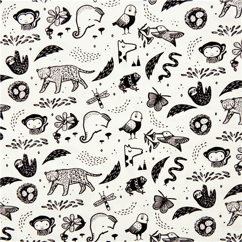 Cute Monochrome Illustrated Animals Insects Fabric