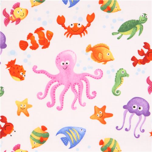 Tissu blanc avec des pieuvres, poissons, crabes multicolores,Little Mermaids Tissu