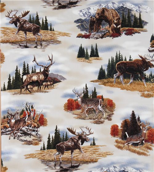 white deer fabric with elk bear Robert Kaufman 2