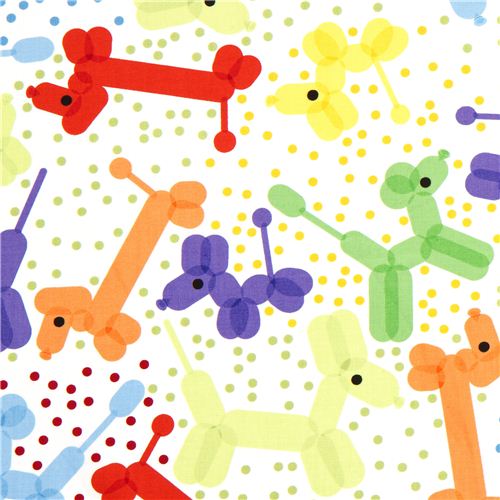 white designer fabric with balloon animals dog from the USA Fabric