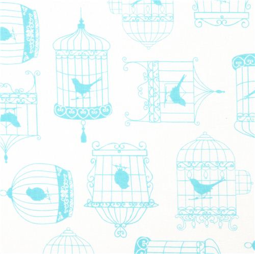 white designer fabric with birds & bird cages from the USA Fabric